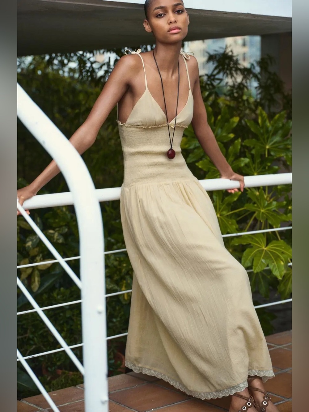 ZARA Cotton Beige Tie-Strap Smocked Waist Midi/Maxi Dress